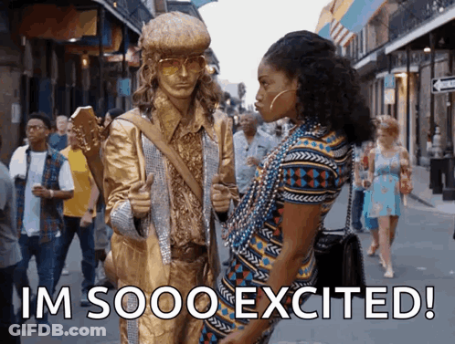 Woman Beside Statue With Guitar Im Sooo Excited GIF