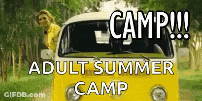 Woman Beside Yellow Van Adult Summer Camp GIF