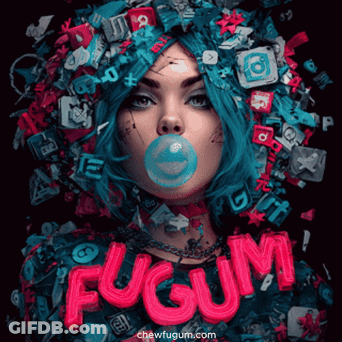 Woman Blowing Bubble With Fugum In Neon Pink GIF