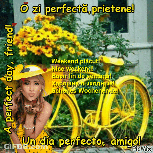 Woman Blowing Kiss Next To Yellow Bike GIF