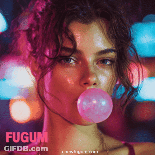 Woman Blowing Pink Bubble With Fugum GIF