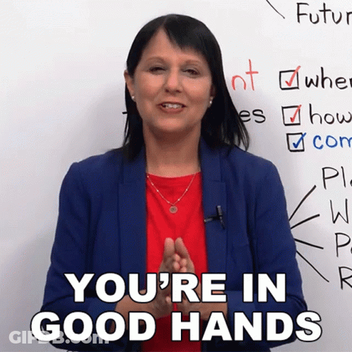 Woman Blue Jacket Red Shirt Saying You're In Good Hands GIF
