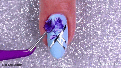 Woman Blue Nails With Purple Roses And Silver Stripes GIF