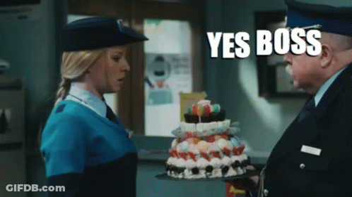 Woman Blue Uniform Cake Man Blue Hat Says Yes Boss GIF