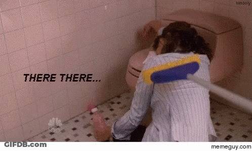 Woman Cleaning Bathroom Floor With Broom Saying There There GIF