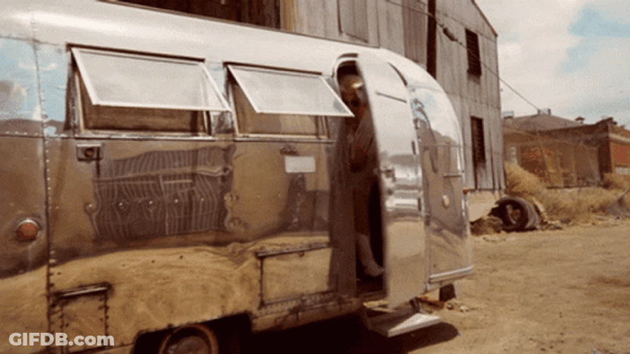 Woman Coming Out From Camper Trailer GIF