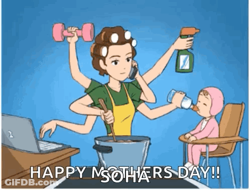 Woman Cooking Talking On Phone Cleaning Feeding Baby GIF