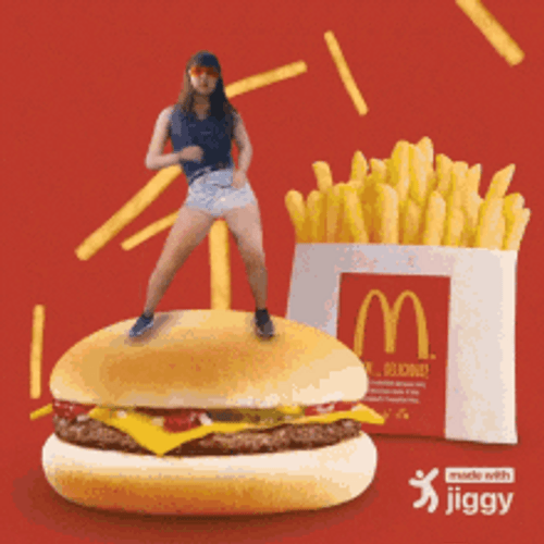 Woman Dancing At The Top Of Mcdonalds Cheeseburger And Fries GIF