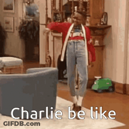 Woman Dancing In Living Room With Text Charlie Be Like GIF