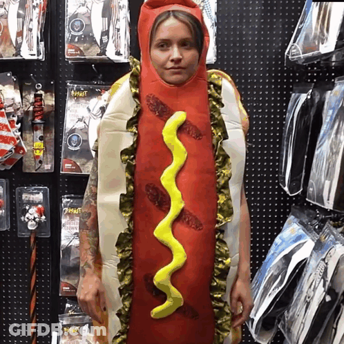 Woman Dressed As Hot Dog With Mustard GIF