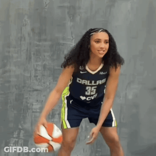 Woman Dribbling Basketball Past Man In Blue HCJB Shirt GIF