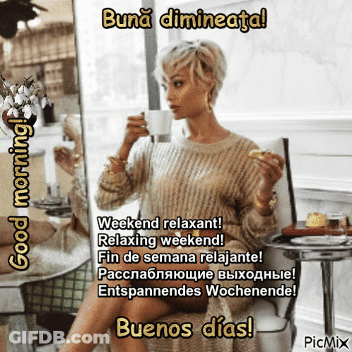 Woman Drinking Coffee Buenos Dias GIF