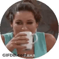 Woman Drinking Coffee Laughing In Circle GIF