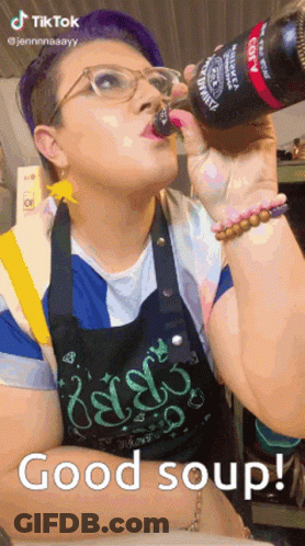 Woman Drinking From Bottle Saying Good Soup GIF
