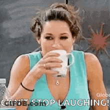 Woman Drinking From Cup And Laughing GIF
