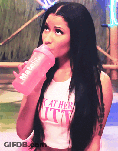 Woman Drinking From Pink Bottle Saying Matefit GIF