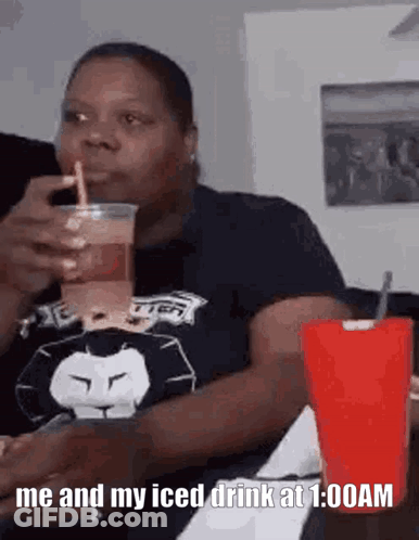 Woman Drinking Iced Drink At 1:00 AM GIF