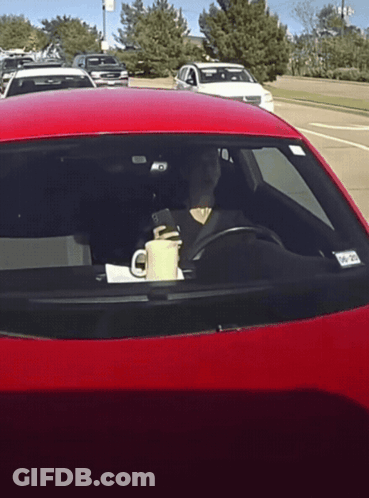 Woman Driving Red Car With Cup And NC Tag GIF