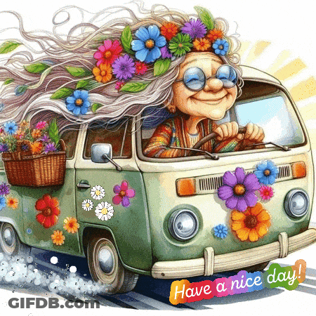 Woman Driving Van With Flowers GIF