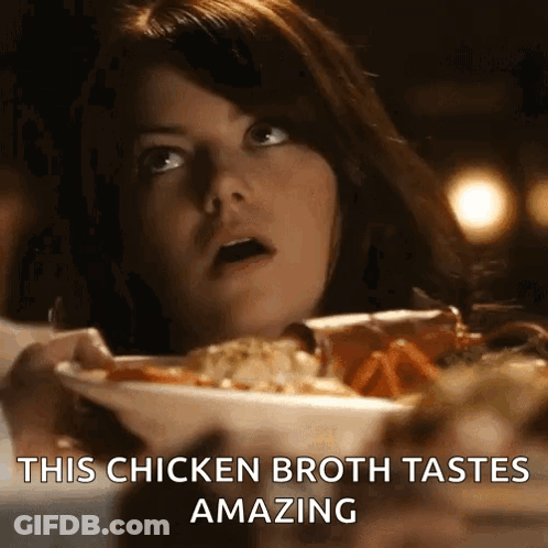 Woman Eating Chicken Broth Saying This Tastes Amazing GIF