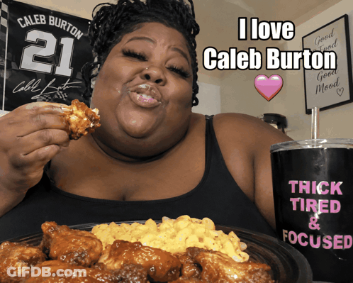 Woman Eating Chicken Wings Next To Cup Saying Trick Tired And Focused GIF