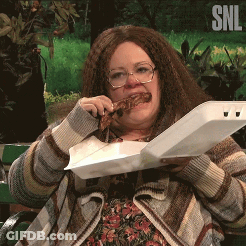 Woman Eating Meat From Styrofoam Container SNL GIF