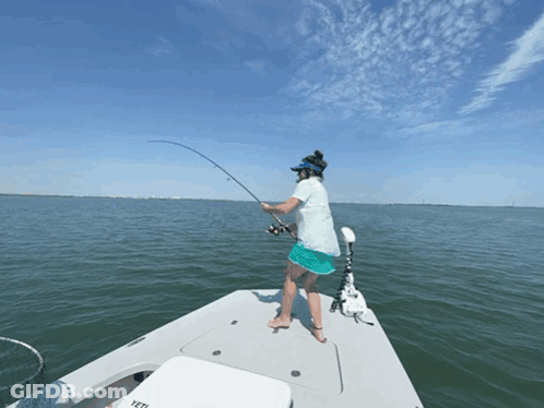 Woman Fishing On Boat Saying Yeti GIF