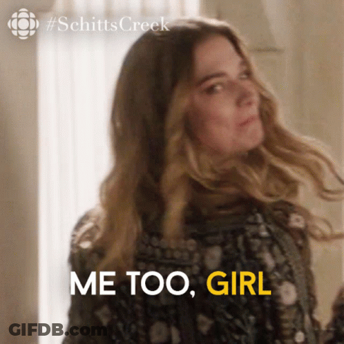 Woman From Schitts Creek Saying Me Too Girl In Yellow GIF