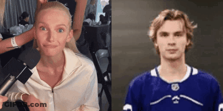 Woman Getting Hair Done Beside Hockey Player In Blue Jersey GIF