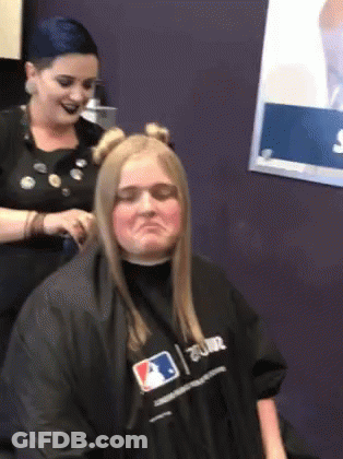 Woman Getting Haircut By Hairdresser In MLB Shirt GIF