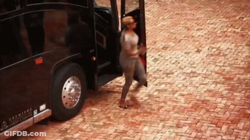 Woman Getting Out Of Bus Saying Premiere GIF