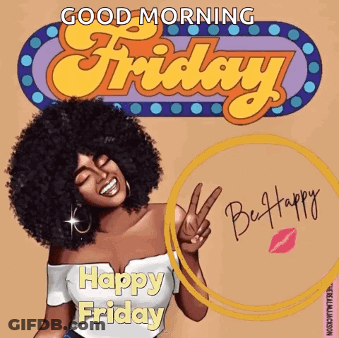 Woman Giving Peace Sign In Front Of Good Morning Friday Sign GIF