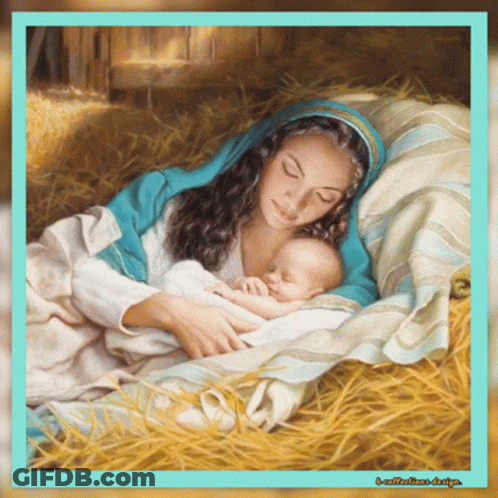 Woman Holding Baby In Hay Manger GIF