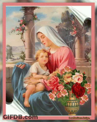 Woman Holding Baby With Vase Of Flowers GIF