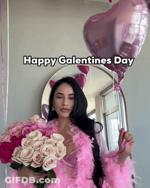 Woman Holding Balloon And Bouquet Happy Valentine's Day GIF
