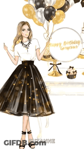 Woman Holding Balloons And Happy Birthday Sign GIF