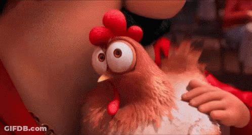 Woman Holding Big-Eyed Cartoon Chicken With Red Crest GIF