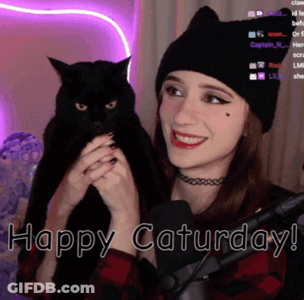 Woman Holding Black Cat At Microphone Happy Saturday GIF