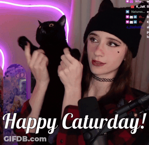 Woman Holding Black Cat Microphone Happy Saturday GIF