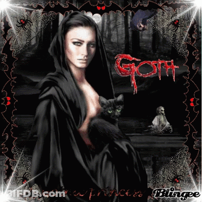 Woman Holding Black Cat With Red Goth Text GIF