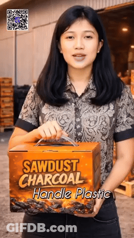 Woman Holding Box Saying Sawdust Charcoal Handle Plastic GIF