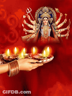 Woman Holding Candle Tray Before Goddess Painting GIF