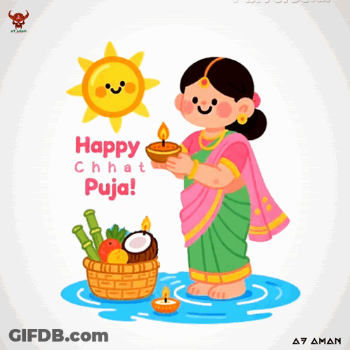 Woman Holding Candle With Happy Chhat Puja GIF