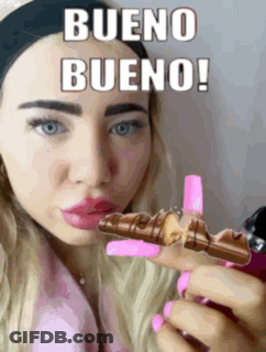 Woman Holding Chocolate Saying Bueno Bueno GIF