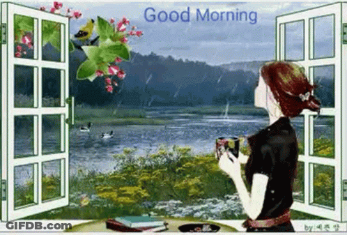 Woman Holding Coffee In Front Of Open Window GIF