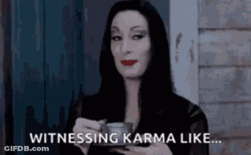 Woman Holding Coffee Saying Witnessing Karma Like GIF