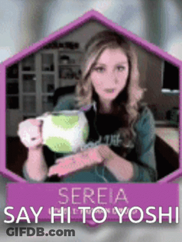 Woman Holding Cup Sereia Say Hi To Yoshi GIF