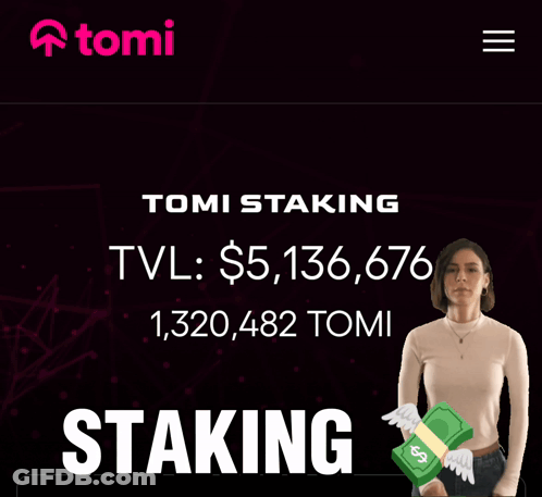 Woman Holding Dollar Bill In Front Of Tomi Staking Ad GIF