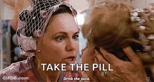 Woman Holding Face Telling To Take Pill And Drink Juice GIF