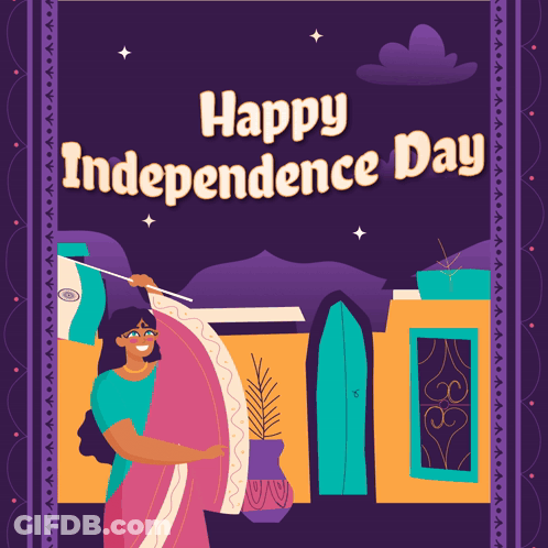Woman Holding Flag Saying Happy Independence Day GIF